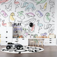 Line art animal wallpaper in bright nursery with white furniture showing pastel minimalist design