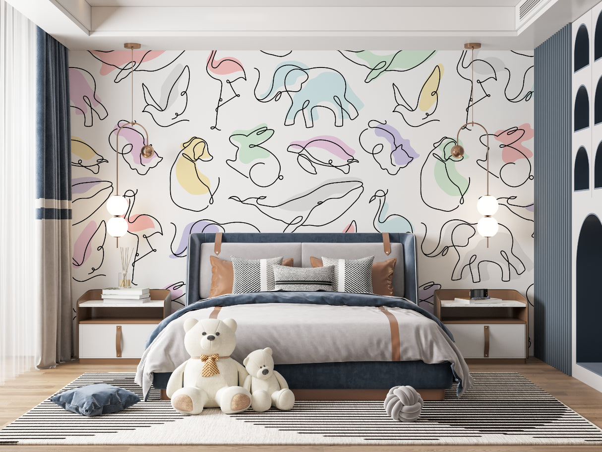 Modern kids bedroom featuring animal line art mural with reading nook