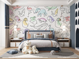Modern kids bedroom featuring animal line art mural with reading nook