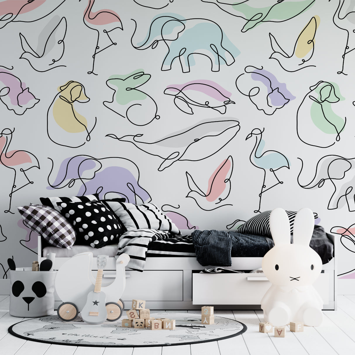 Playroom with pastel animal wallpaper showing scale and full pattern repeat