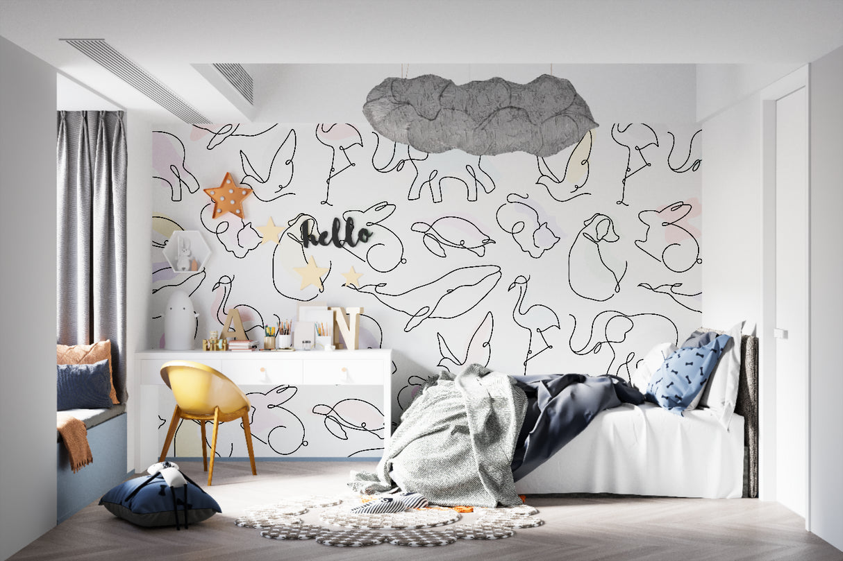 Baby room with minimalist line art animal mural in soft pastel colors