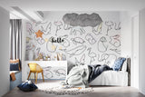 Baby room with minimalist line art animal mural in soft pastel colors
