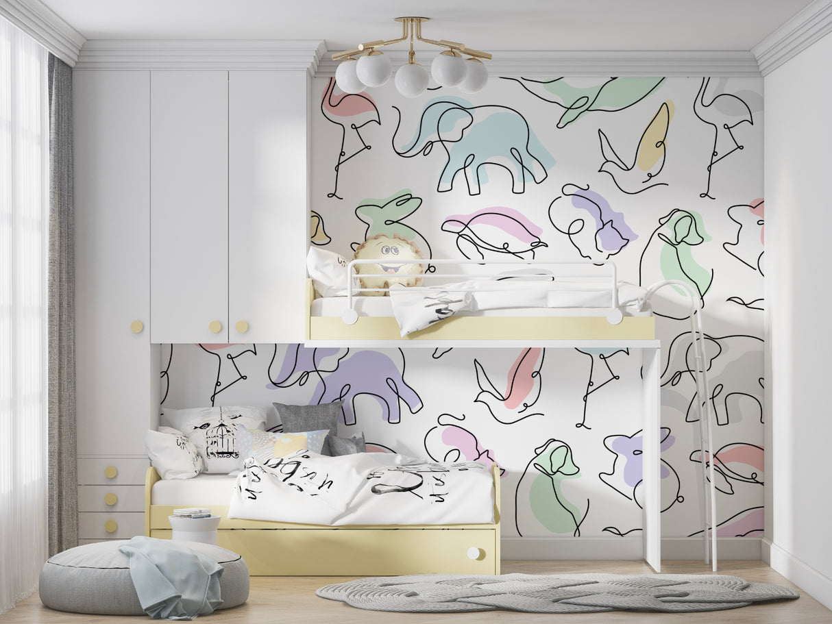 Living room accent wall with modern line art animal pattern