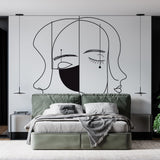Modern Line Art Face Wallpaper creating dramatic contrast in a minimalist living room setting