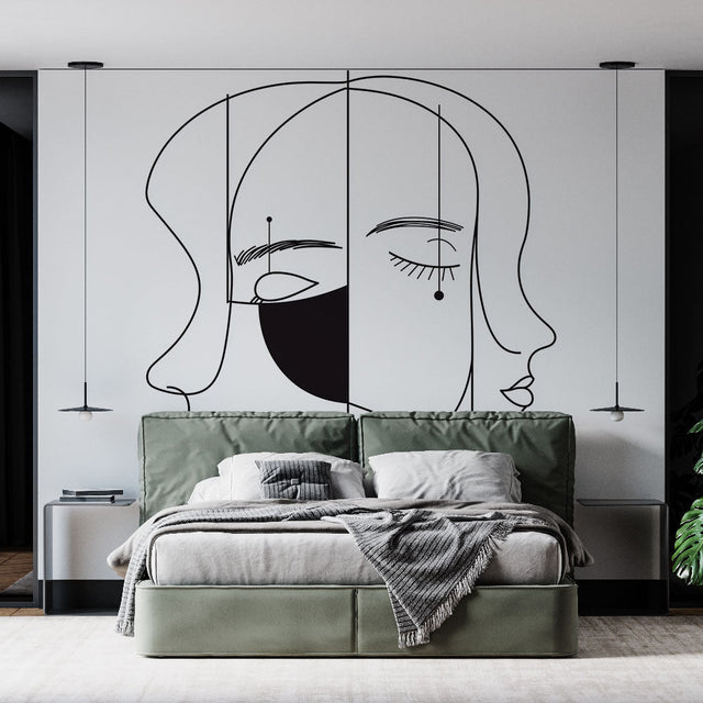 Modern Line Art Face Wallpaper creating dramatic contrast in a minimalist living room setting