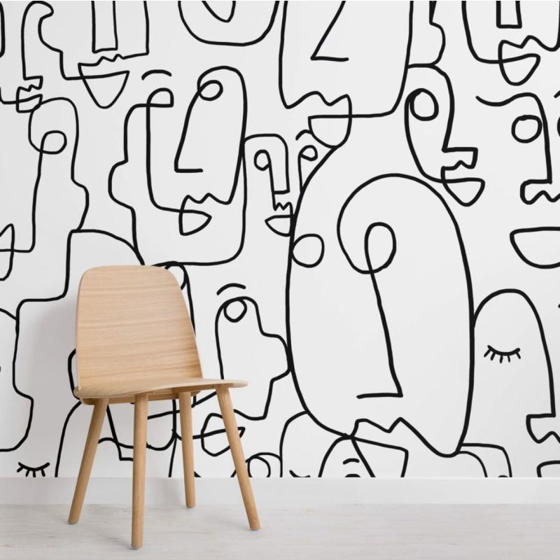 Line drawing wallpaper adding sophistication to a modern hallway space
