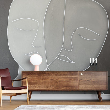 Modern Line Art Face Drawing Mural displayed in a minimalist living room, grey abstract wallpaper creating depth