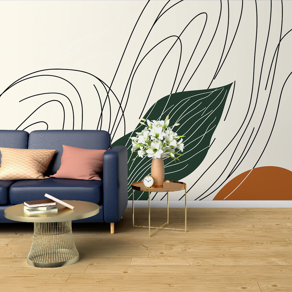 Modern Abstract Leaf Line Art Wallpaper creating a stunning focal point in a minimalist living room setting