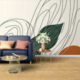 Modern Abstract Leaf Line Art Wallpaper creating a stunning focal point in a minimalist living room setting