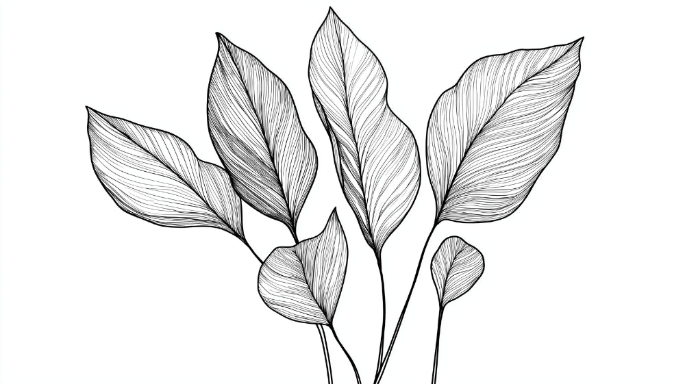 Botanical line art wallpaper design file showing detailed black and white leaf pattern