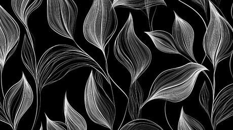 Black and white botanical line art wallpaper design file showing detailed leaf pattern