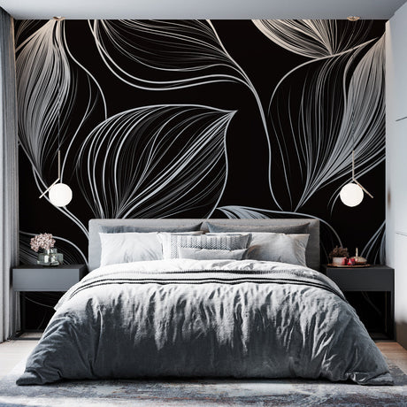 Black and white line art wallpaper with feather pattern creating depth in a modern living room setting