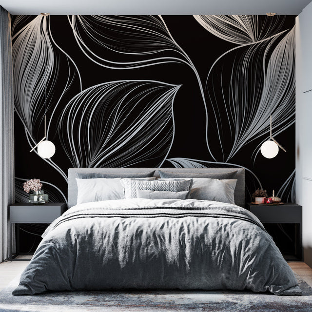 Black and white line art wallpaper with feather pattern creating depth in a modern living room setting