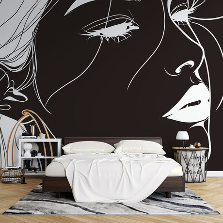 Line art portrait wallpaper creating dramatic impact in modern living room with minimalist furniture
