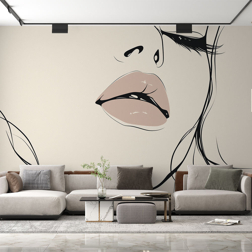 Line art portrait wallpaper creating a bold statement in a modern living room with white furniture and natural light