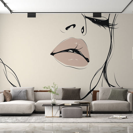 Line art portrait wallpaper creating a bold statement in a modern living room with white furniture and natural light