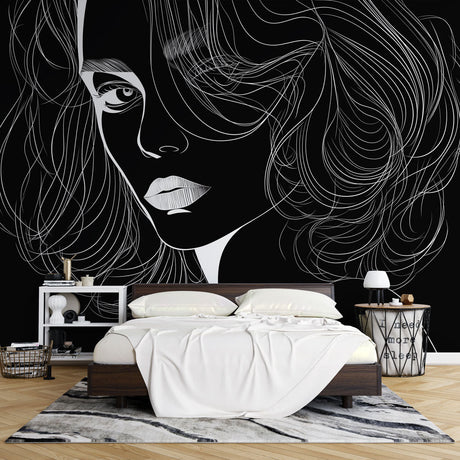 Line art portrait mural wallpaper creating drama in a modern living room with minimalist furniture