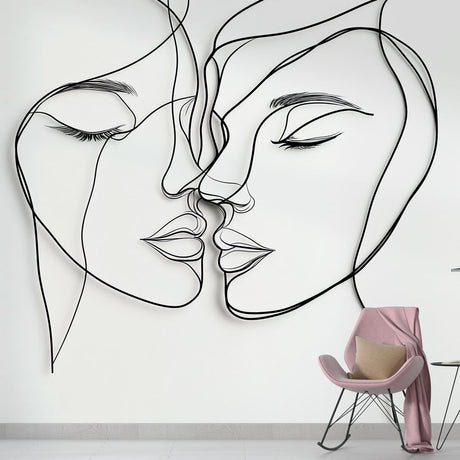 Line art face wallpaper creating a modern statement wall in a minimalist living room with natural lighting