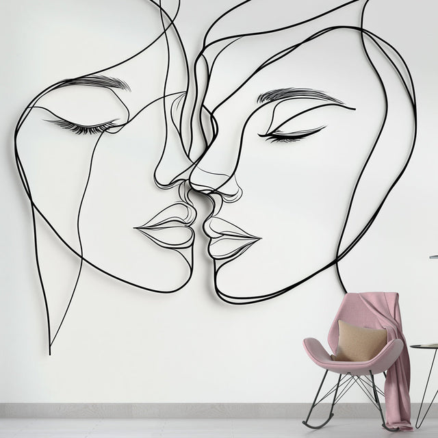 Line art face wallpaper creating a modern statement wall in a minimalist living room with natural lighting