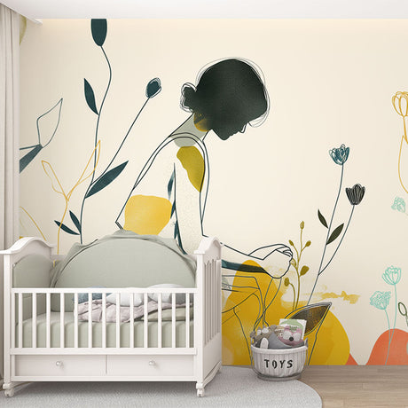 Modern Line Art Floral Wallpaper creating a stunning focal point in a bright Scandinavian living room with yellow accent furniture