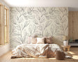 Modern line art floral wallpaper creating a serene atmosphere in a bright Scandinavian living room setting