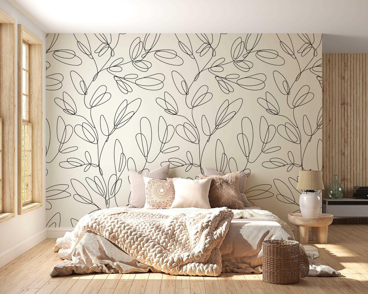 Modern line art floral wallpaper creating a serene atmosphere in a bright Scandinavian living room setting