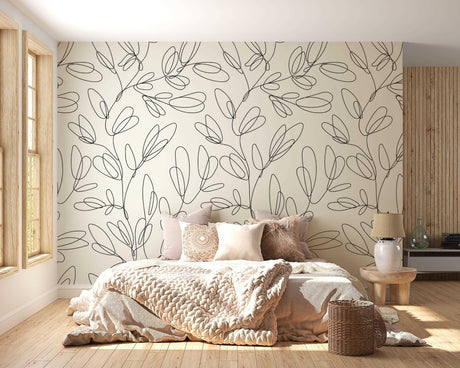 Modern line art floral wallpaper creating a serene atmosphere in a bright Scandinavian living room setting