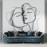 Modern line art wallpaper creating a striking feature wall in a minimalist living room with modern furniture