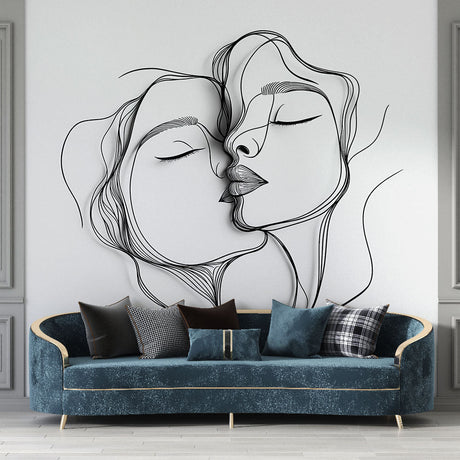 Modern line art wallpaper creating a striking feature wall in a minimalist living room with modern furniture