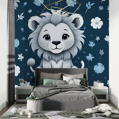 Lion cub nursery wallpaper in a modern white and gray nursery, creating a peaceful sleeping space