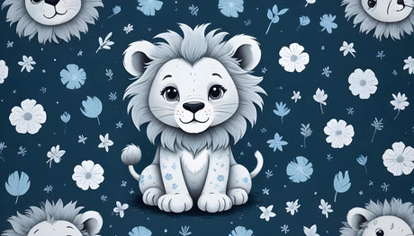 Lion cub design file with blue floral pattern showing full wallpaper detail