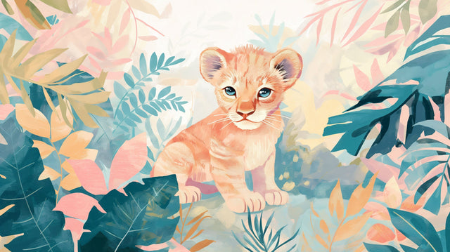 Lion cub wallpaper in a bright nursery with white furniture, showing how the pastel jungle theme creates a soft, welcoming atmosphere