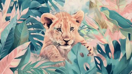 Lion cub jungle wallpaper in bright nursery setting, showing soft pink and turquoise tones perfect for children's room decor