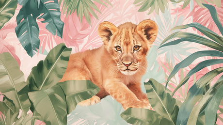 Safari lion cub design file with tropical leaves and pink background