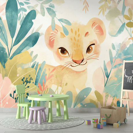 Lion cub nursery wallpaper styled in a modern baby room with white furniture and soft pink accents