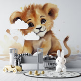 Watercolor Lion Cub Wallpaper creating a cozy atmosphere in a modern nursery with natural light