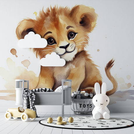 Watercolor Lion Cub Wallpaper creating a cozy atmosphere in a modern nursery with natural light
