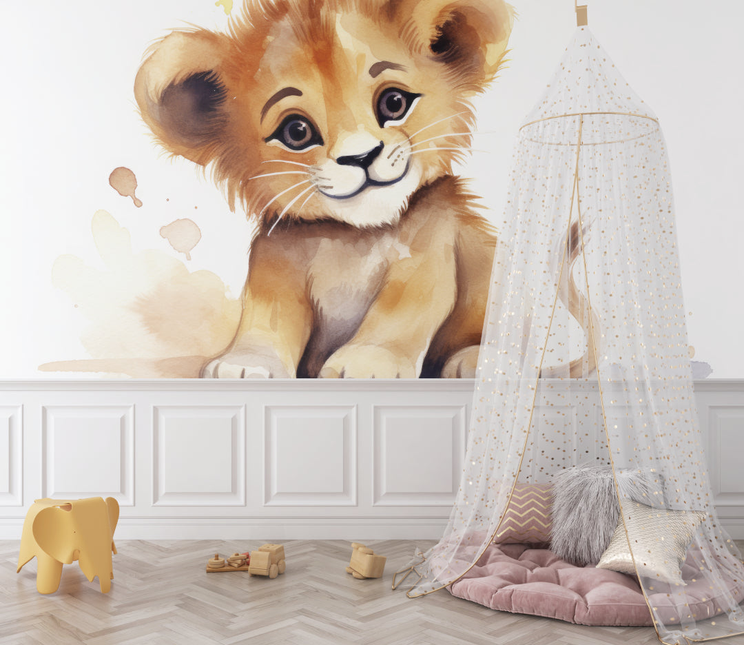 Safari Lion Cub Wallpaper bringing warmth to a child's playroom with reading nook