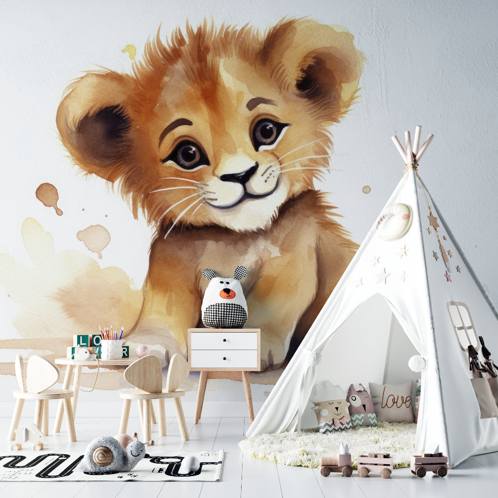Baby Lion Wallpaper transforming a gender-neutral nursery with soft watercolor tones