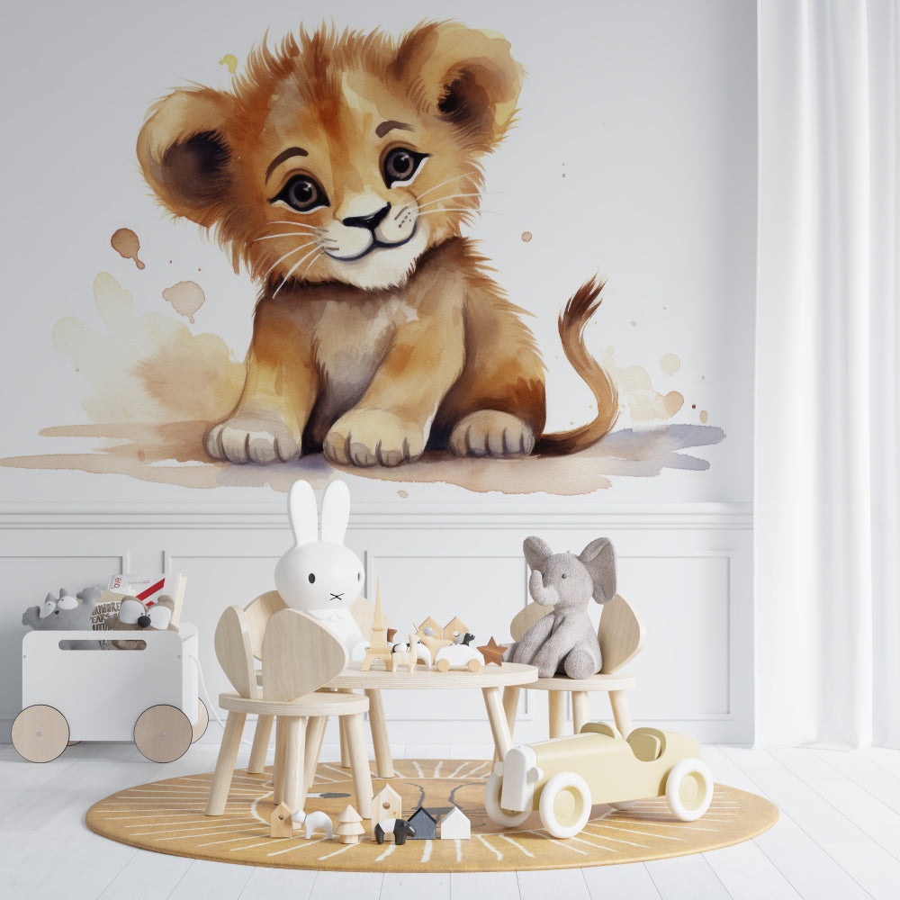 Lion Cub Mural featured in a cozy reading corner with natural wooden furniture