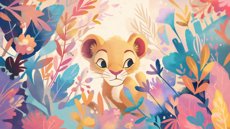 Lion cub jungle wallpaper creating a magical atmosphere in a modern nursery with soft lighting and natural decor