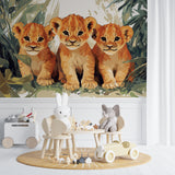 Safari theme Lion Cubs Wallpaper creating focal point in cozy children's bedroom