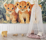 Safari Wallpaper with lion cubs creating statement wall in modern nursery