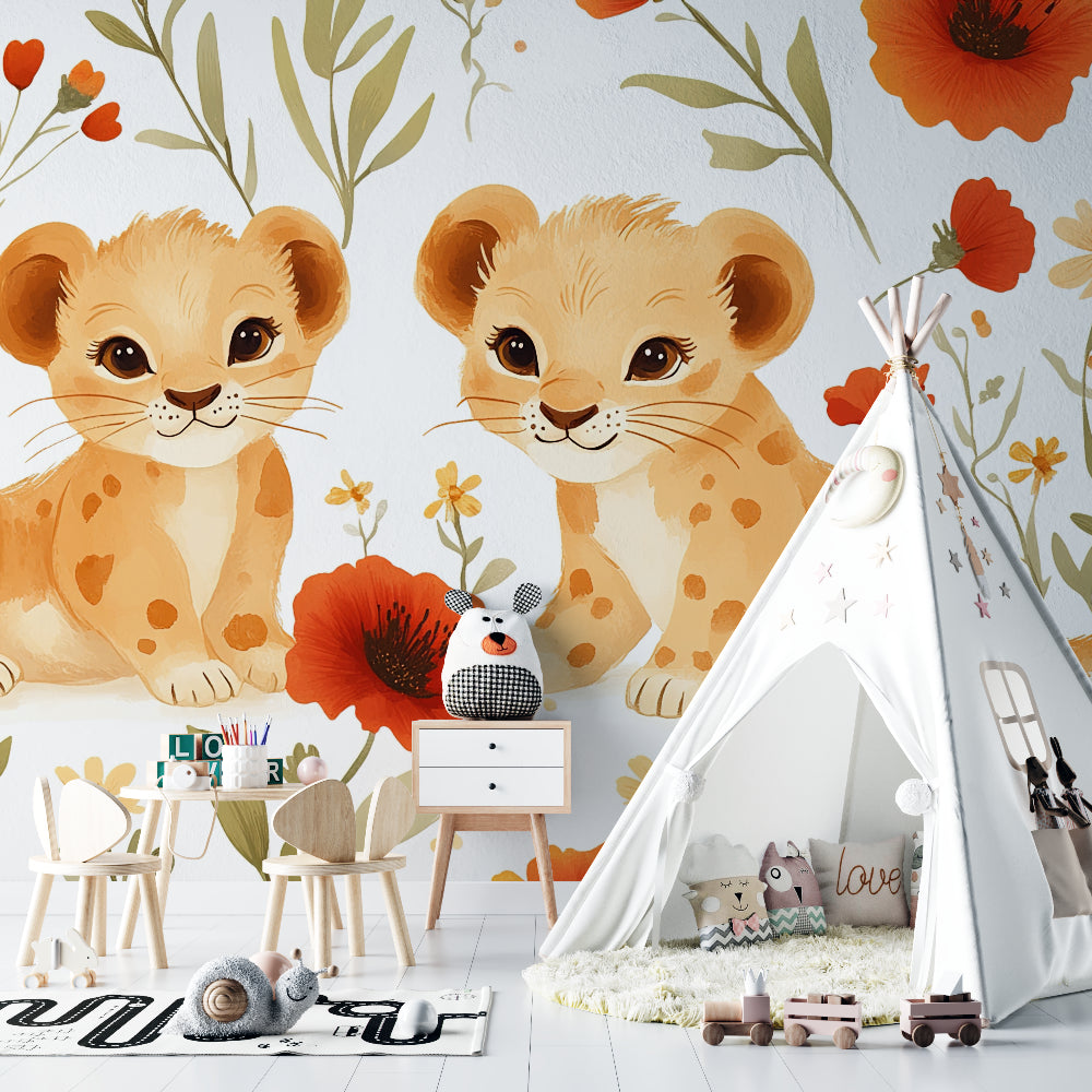 Lion Cubs Wallpaper in bright nursery with white furniture showing orange floral accents