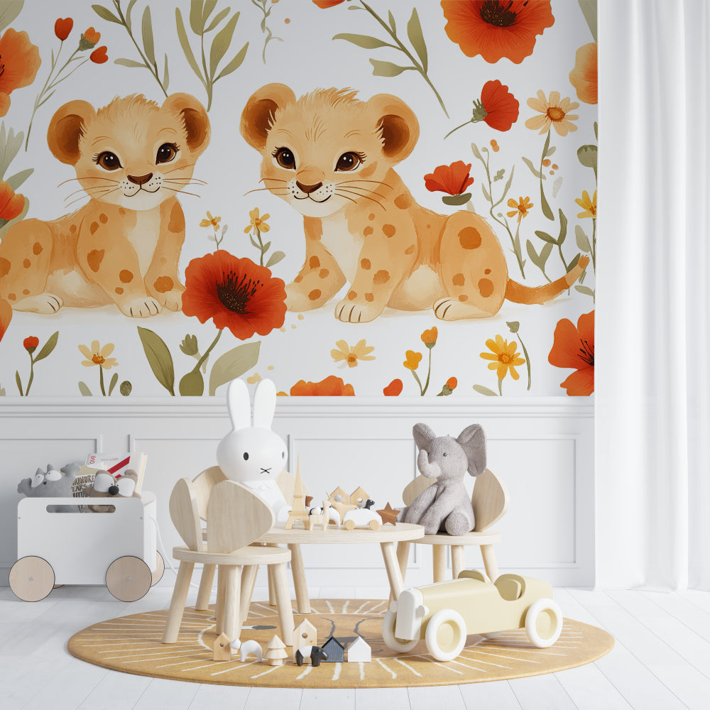 Sweet Lion Cubs Mural in modern playroom setting with natural light