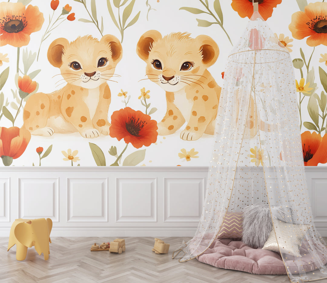 Vintage Floral Lion Cubs design brightening up family room wall