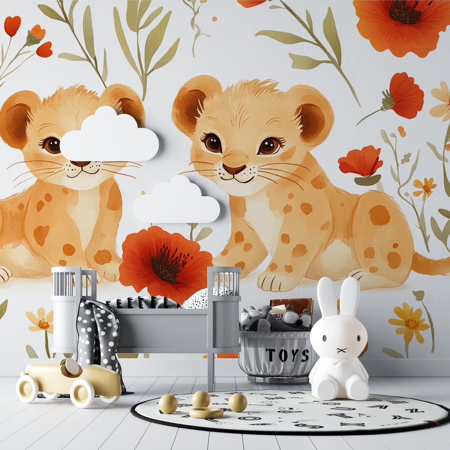 Lion Cubs Mural bringing charm to baby nursery with orange accents