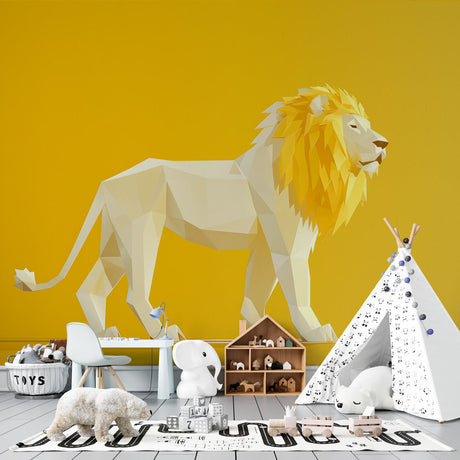 Modern living room featuring a bold Geometric Lion Wallpaper in yellow and white, creating a stunning focal point above the sofa