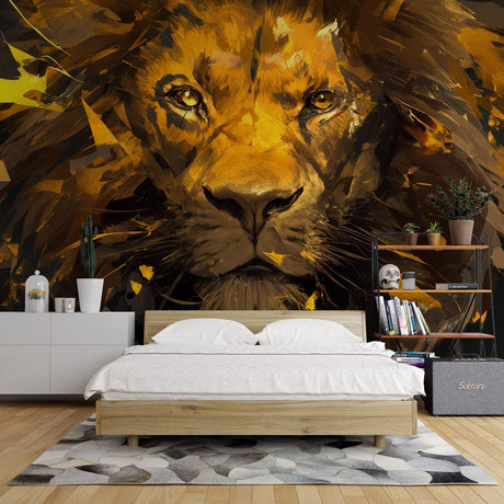 Modern living room featuring a striking Gold Lion Abstract Mural Wallpaper, creating a bold statement wall above a grey sofa