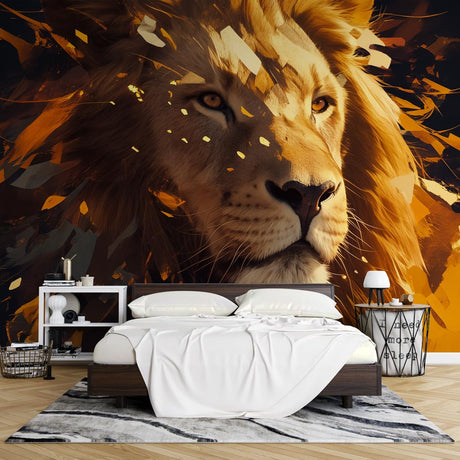 Black and gold lion wallpaper creating a dramatic focal point in a modern living room with minimal furniture